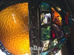 Antique leaded Chunk Jewel Stained Glass Panel Globe Orb Hanging Chandelier Lamp