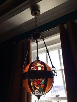 Antique leaded Chunk Jewel Stained Glass Panel Globe Orb Hanging Chandelier Lamp