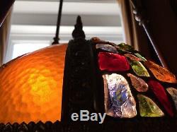 Antique leaded Chunk Jewel Stained Glass Panel Globe Orb Hanging Chandelier Lamp