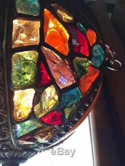 Antique leaded Chunk Jewel Stained Glass Panel Globe Orb Hanging Chandelier Lamp
