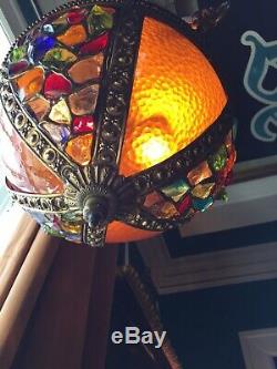 Antique leaded Chunk Jewel Stained Glass Panel Globe Orb Hanging Chandelier Lamp