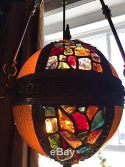 Antique leaded Chunk Jewel Stained Glass Panel Globe Orb Hanging Chandelier Lamp