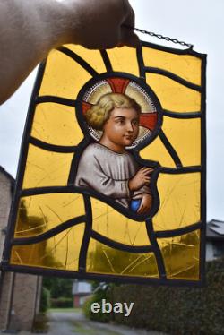 Antique religious stained glass window panel young jesus portrait