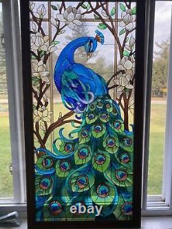 Art Glass Hand Painted Peacock Window Joan Baker Design California 20 X 40
