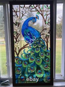 Art Glass Hand Painted Peacock Window Joan Baker Design California 20 X 40
