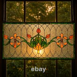 Art Nouveau Floral Stained Glass Window Panel Fleur de Lis Suncatcher 32 Inch
