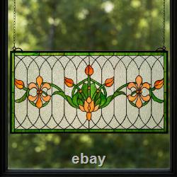 Art Nouveau Floral Stained Glass Window Panel Fleur de Lis Suncatcher 32 Inch