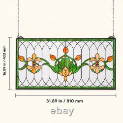 Art Nouveau Floral Stained Glass Window Panel Fleur de Lis Suncatcher 32 Inch Art Nouveau Floral Stained Glass Window Panel Fleur de Lis Suncatcher 32 Inch