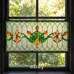 Art Nouveau Floral Stained Glass Window Panel Fleur de Lis Suncatcher 32 Inch