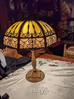 Art Nouveau Miller-b&h-handel- Era Green Stained Slag Glass Lamp 21 8 Panel