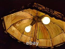 Art Nouveau Miller-b&h-handel- Era Green Stained Slag Glass Lamp 21 8 Panel