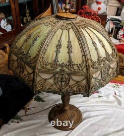 Art Nouveau Miller-b&h-handel- Era Green Stained Slag Glass Lamp 21 8 Panel