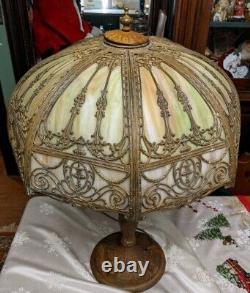 Art Nouveau Miller-b&h-handel- Era Green Stained Slag Glass Lamp 21 8 Panel