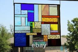 BLUE/AMBER Geo Stained Glass Panel, Window Hanging? 21 1/2 X 19 1/2 HMD-US
