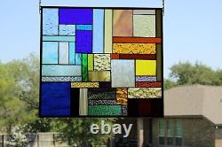 BLUE/AMBER Geo Stained Glass Panel, Window Hanging? 21 1/2 X 19 1/2 HMD-US