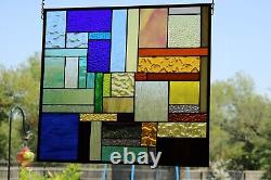 BLUE/AMBER Geo Stained Glass Panel, Window Hanging? 21 1/2 X 19 1/2 HMD-US