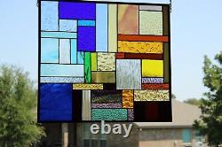 BLUE/AMBER Geo Stained Glass Panel, Window Hanging? 21 1/2 X 19 1/2 HMD-US