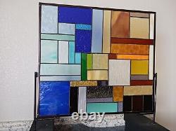 BLUE/AMBER Geo Stained Glass Panel, Window Hanging? 21 1/2 X 19 1/2 HMD-US