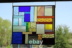 BLUE/AMBER Geo Stained Glass Panel, Window Hanging? 21 1/2 X 19 1/2 HMD-US