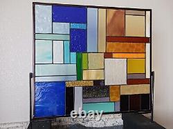 BLUE/AMBER Geo Stained Glass Panel, Window Hanging? 21 1/2 X 19 1/2 HMD-US