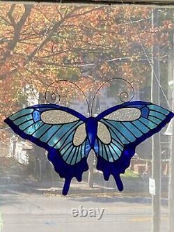 BLUE Butterfly stained glass suncatcher Large window panel Usa Handcrafted