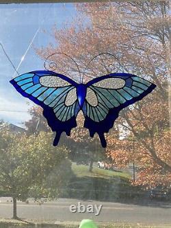 BLUE Butterfly stained glass suncatcher Large window panel Usa Handcrafted