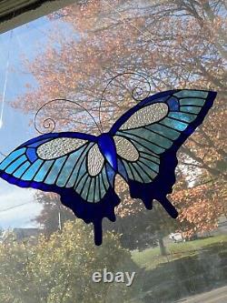 BLUE Butterfly stained glass suncatcher Large window panel Usa Handcrafted