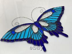 BLUE Butterfly stained glass suncatcher Large window panel Usa Handcrafted