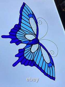 BLUE Butterfly stained glass suncatcher Large window panel Usa Handcrafted