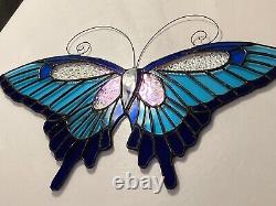 BLUE Butterfly stained glass suncatcher Large window panel Usa Handcrafted