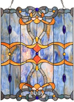 Baroque Tiffany Style Stained Glass Window Panel, Blue, 17 x 22