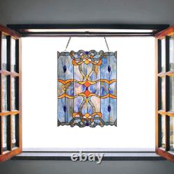 Baroque Tiffany Style Stained Glass Window Panel, Blue, 17 x 22