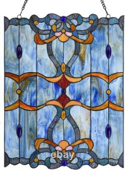 Baroque Tiffany Style Stained Glass Window Panel, Blue, 17 x 22