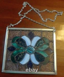 Beautiful 9 x 8 Flower Pattern Handmade Leaded Stained Glass Panel with Chain