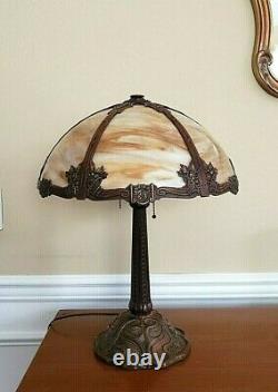 Beautiful Antique Art Nouveau Stained Slag Glass 6 Panel Table Lamp