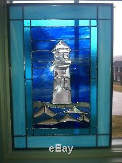 Beautiful Lighthouse bevel cluster and waves stained glass window panel 21x 15