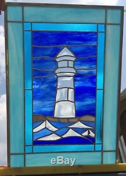 Beautiful Lighthouse bevel cluster and waves stained glass window panel 21x 15