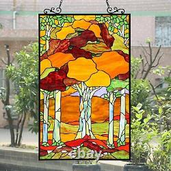 Beautiful Orange Stained Glass Landscape Window Panel Suncatcher 20x33in