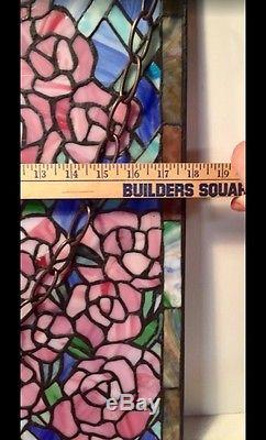Beautiful Stained Glass Pink Rose + Blue 24 X 18 Hanging Panel Local P/u Ny