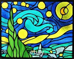 Beautiful Starry Night Van Gogh Stained Glass Contemporary Handmade Window Panel