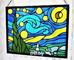 Beautiful Starry Night Van Gogh Stained Glass Contemporary Handmade Window Panel