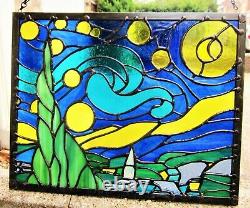 Beautiful Starry Night Van Gogh Stained Glass Contemporary Handmade Window Panel