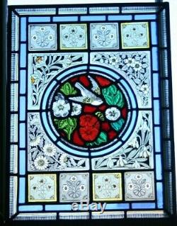 Beautiful Victorian Arts & Crafts Design Bird and Flower Stained Glass Panel