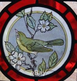 Beautiful Victorian'Arts and Crafts' design stained glass panel with warbler
