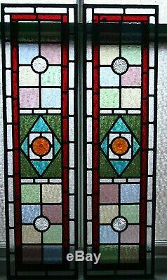 Beautiful pair of victorian design stained glass panels with amber rondels 2