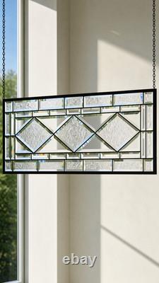 Beveled Diamond Clear Stained Glass Transom Window Panel 32 3/4 x 12 3/4 H