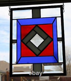 Beveled Stained Glass Panel, Window HMD-US-? 13 1/4 x10 1/4 Red, White & Blue