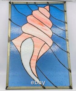 Beveled Stained Glass Sun Catcher Panel Sea Shell Nautilus Coral Blue 16 x 11