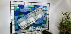 Beveled Stained Glass Window Panel 29 ½ X 22 ½Transom Hanging Blue-Green