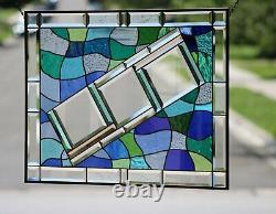 Beveled Stained Glass Window Panel 29 ½ X 22 ½Transom Hanging Blue-Green